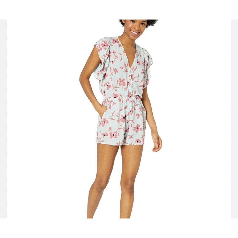 Billabong Ruffled Up Floral Green Pink Open Back Romper pockets floral SZ SM